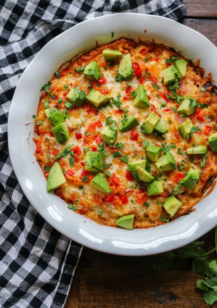 Easy Keto BBQ Chicken Casserole with avocados and cilantro