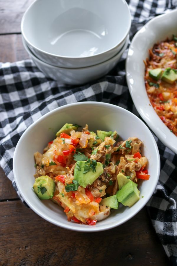 A serving of Easy Keto BBQ Chicken Casserole with avocados and cilantro