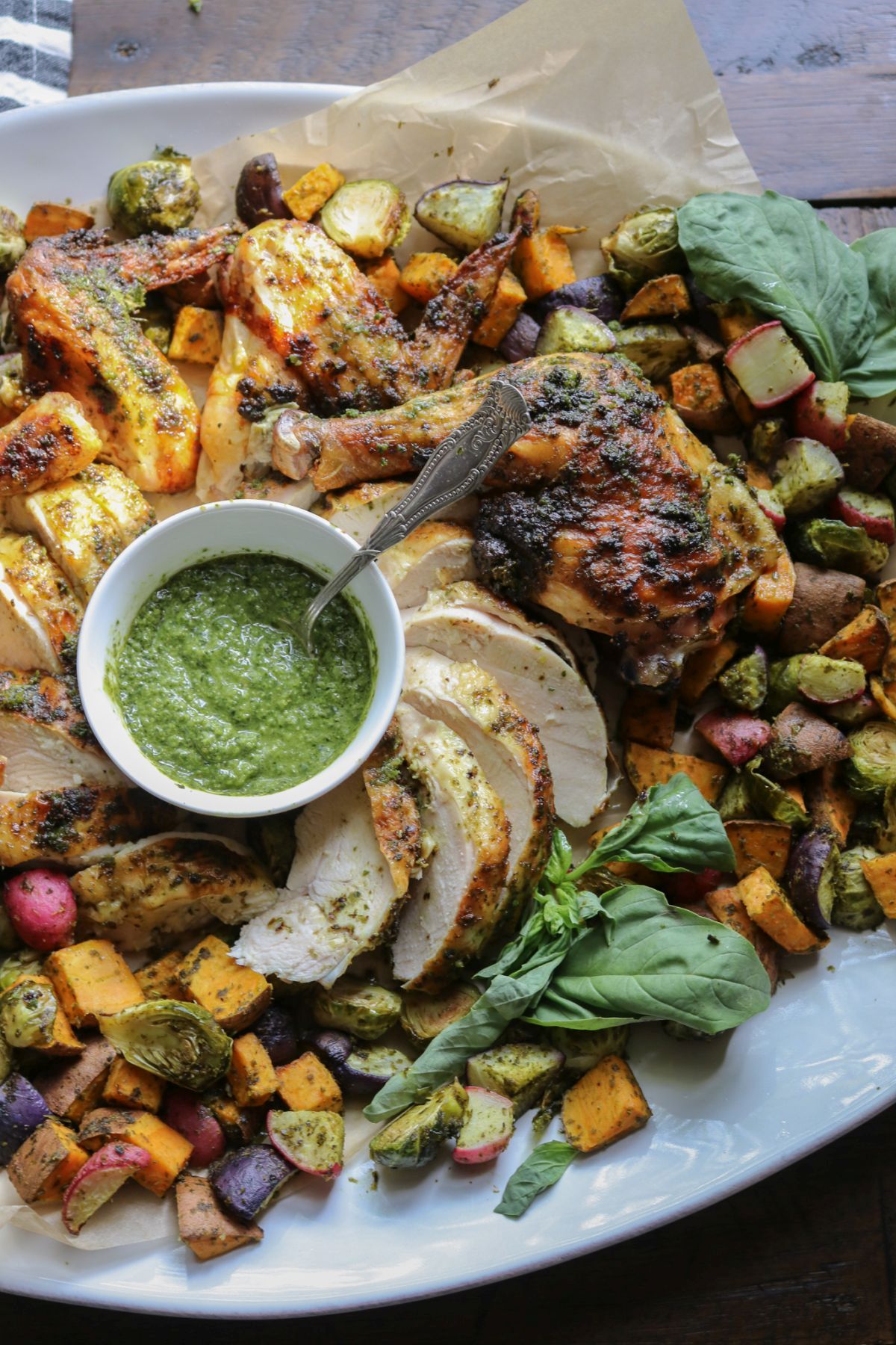 Whole Roasted Spatchcock Pesto Chicken & Veggies Bonappeteach