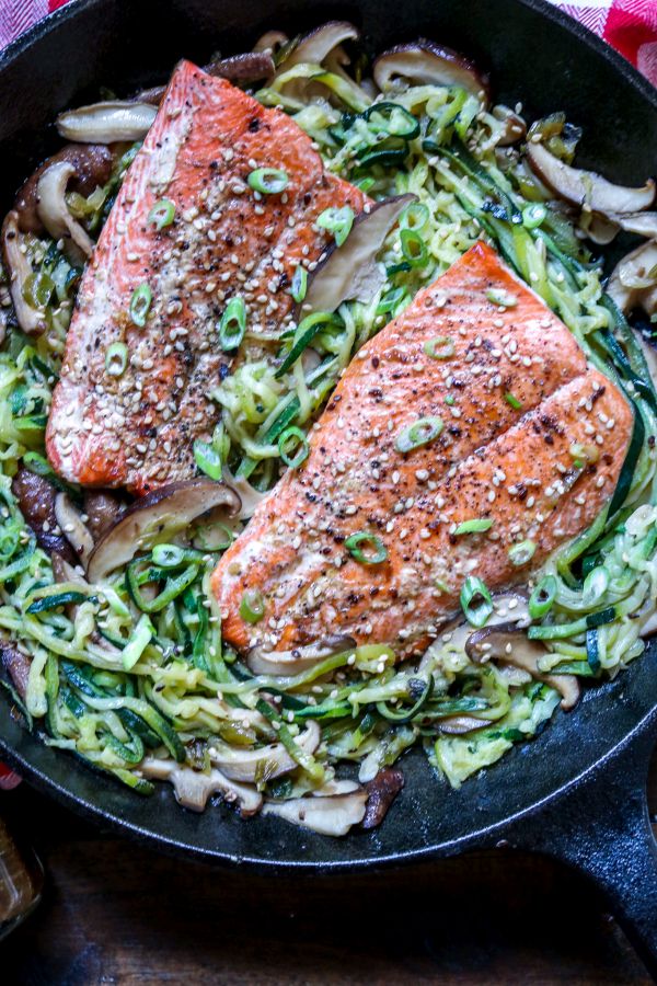 Asian salmon and mushrooms over zucchini noodles