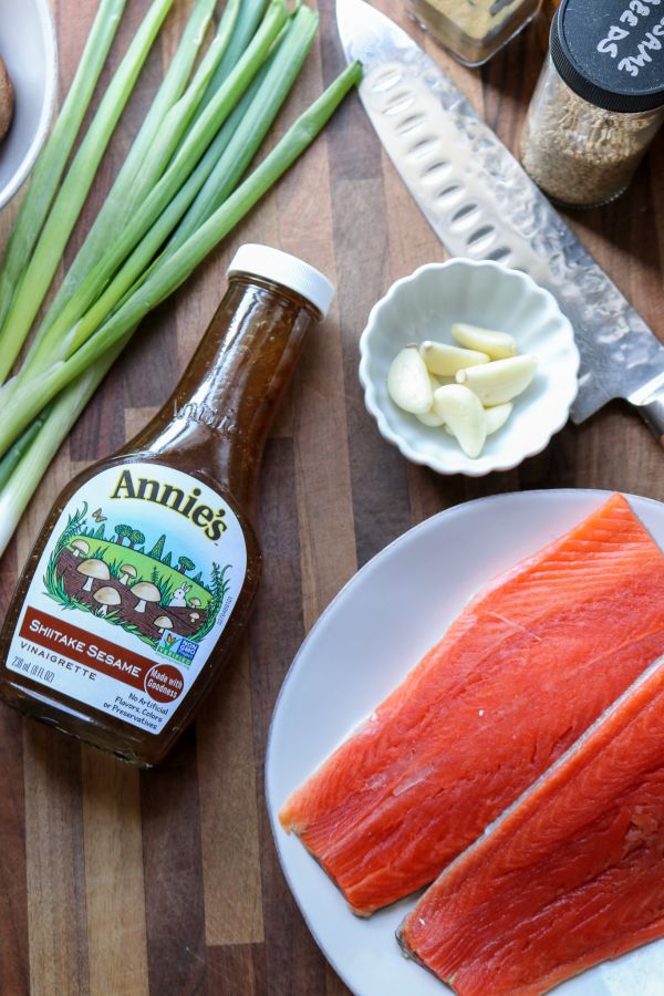 Annies Sesame Dressing with raw salmon and knife