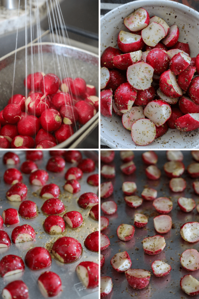 prepping your raw radishes for roasting in the oven
