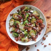 Roasted Brussel Sprouts with Crispy Prosciutto, Pecans, and Goat Cheese
