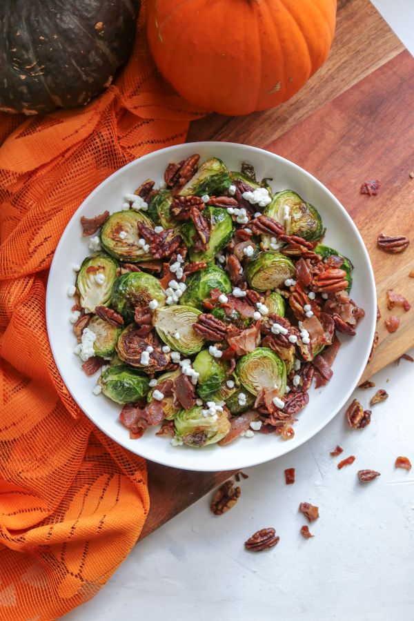 Roasted Brussel Sprouts with Crispy Prosciutto, Pecans, and Goat Cheese 