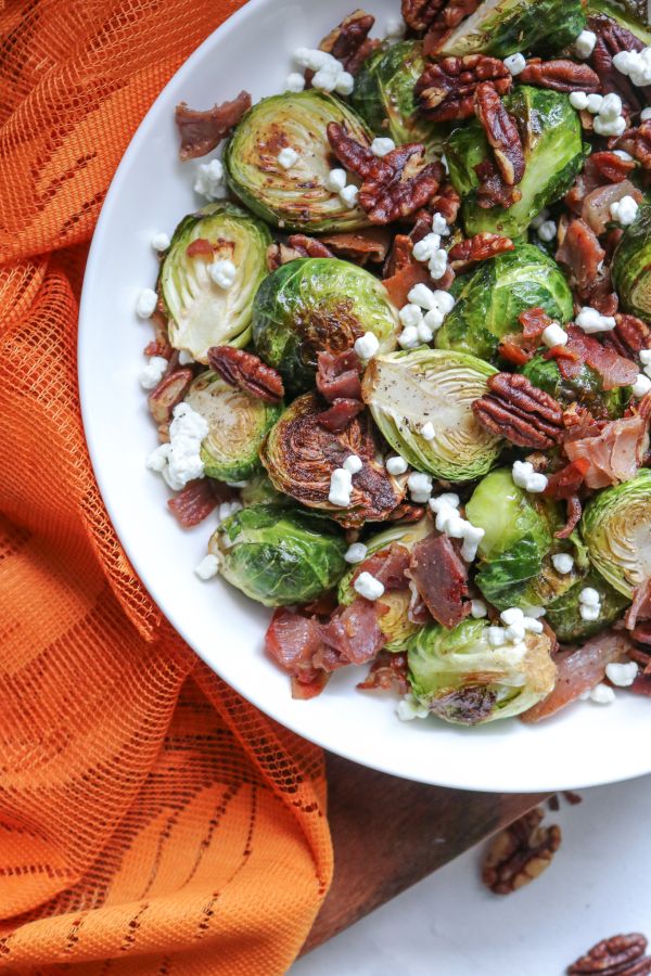 Roasted Brussel Sprouts with Crispy Prosciutto, Pecans, and Goat Cheese