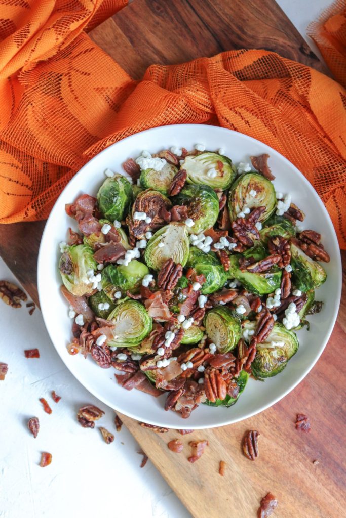 Roasted Brussel Sprouts with Crispy Prosciutto, Pecans, and Goat Cheese