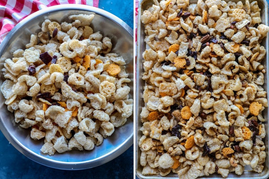 Mixing the keto chex mix ingredients together