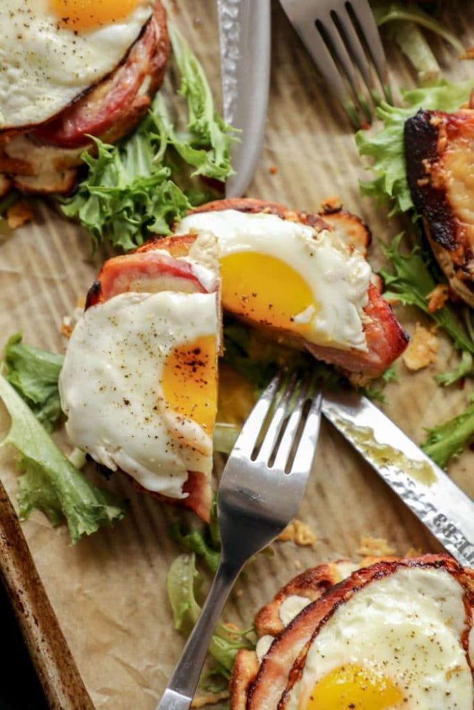 A close up of keto Croque Madame Sandwich