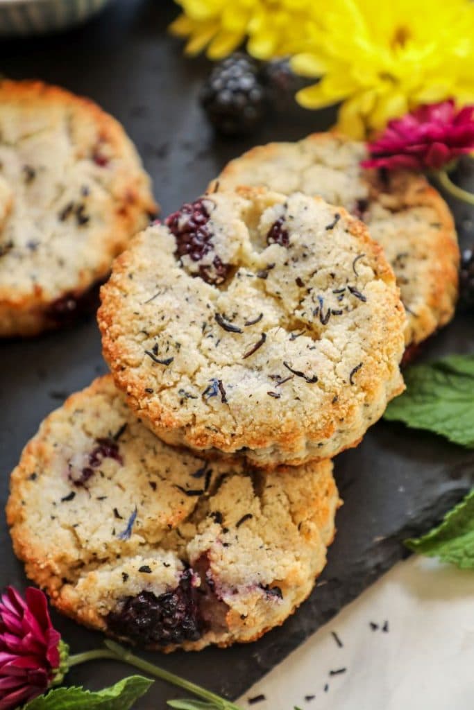 A close up of the keto blackberry earl grey scones.