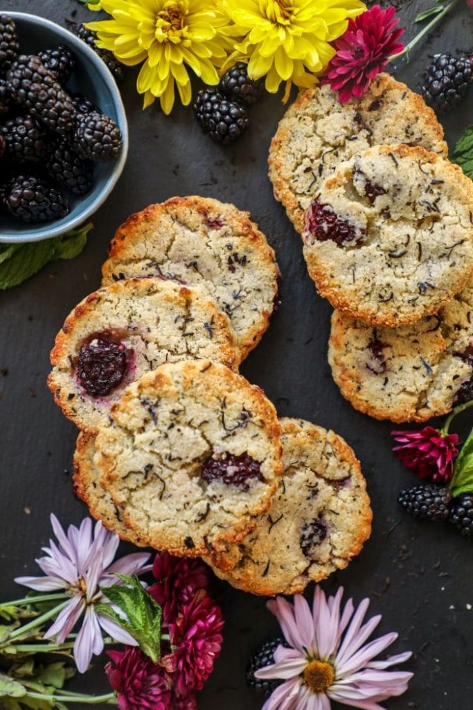 A platter of blackberry earl grey keto scones.