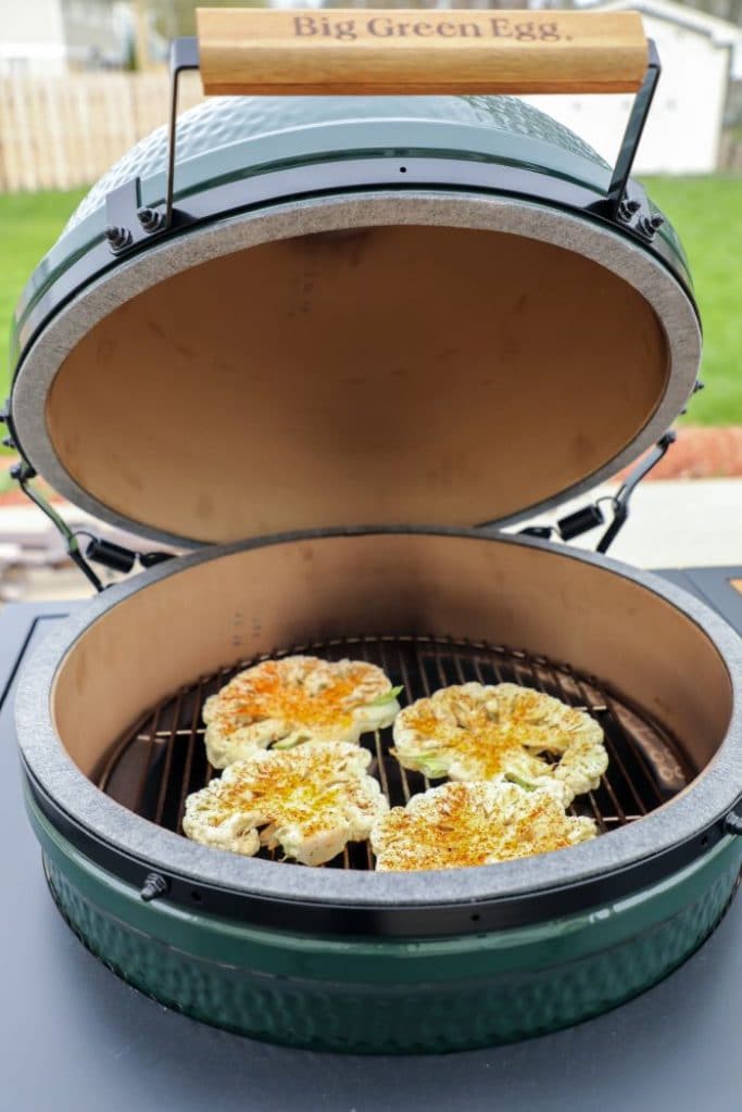 Cauliflower steaks on the grill.