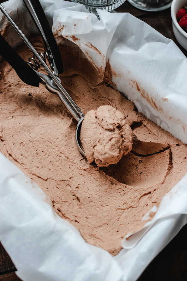 A close up of keto ice cream being scooped.