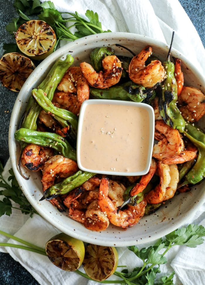 Easy Grilled Sesame Shrimp with Shishito Peppers