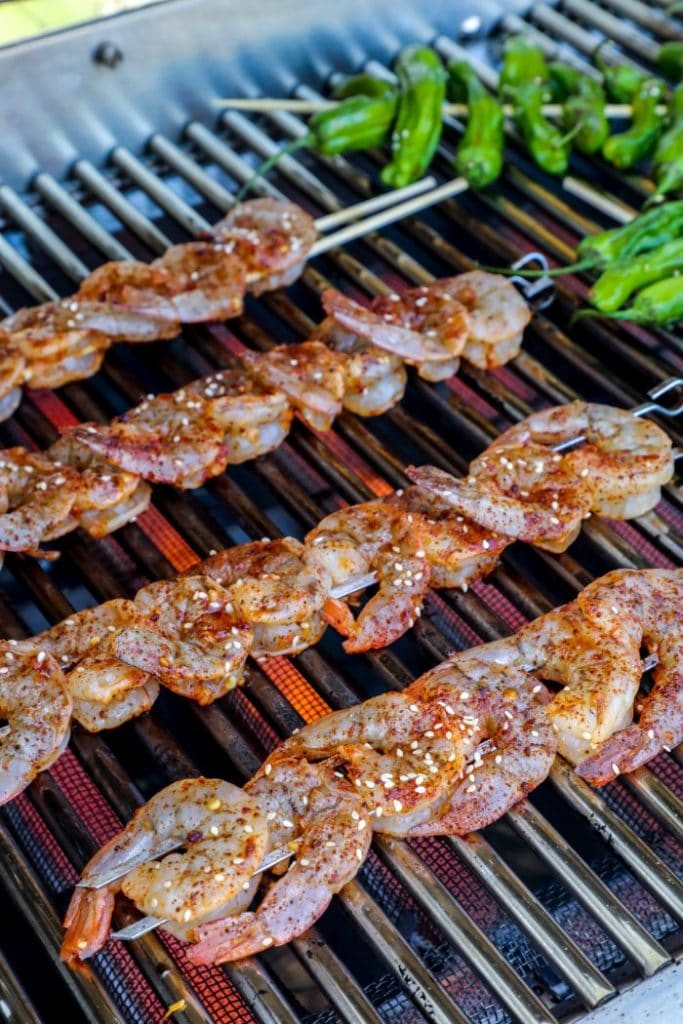 Shrimp and pepper skewered and on the grill