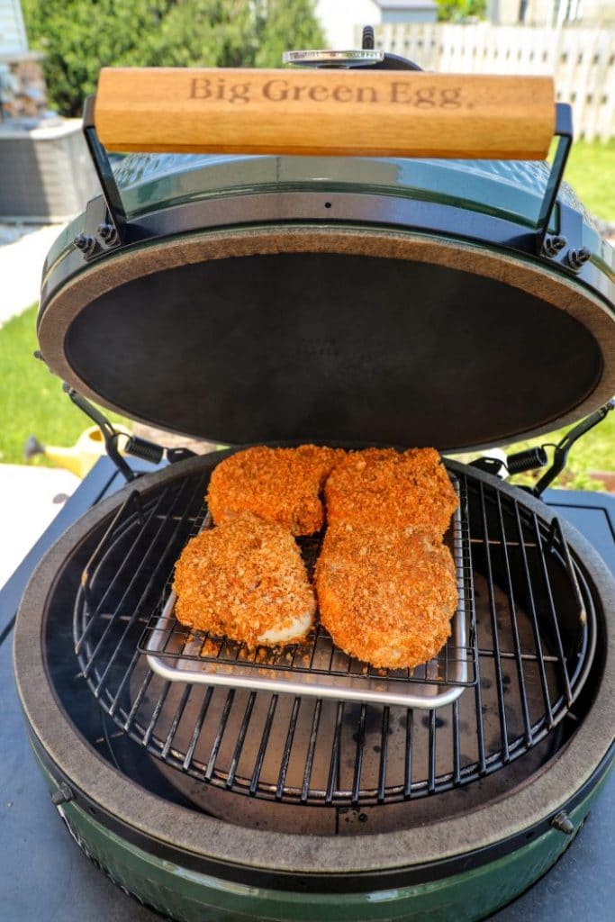 Smoked Dill Pickle Brined Pork Chops on the big green egg.