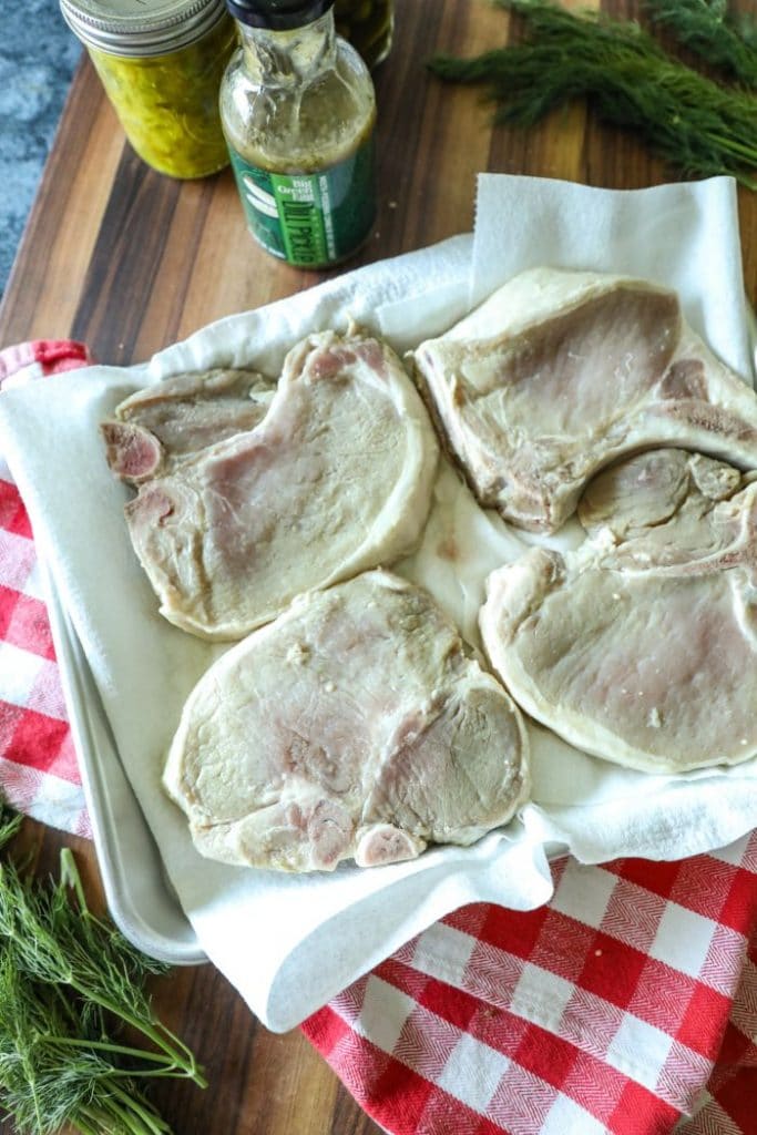 12 hour brined pork chops in pickle juice.