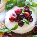 Cedar Plank Smoked Burrata with cherries and basil