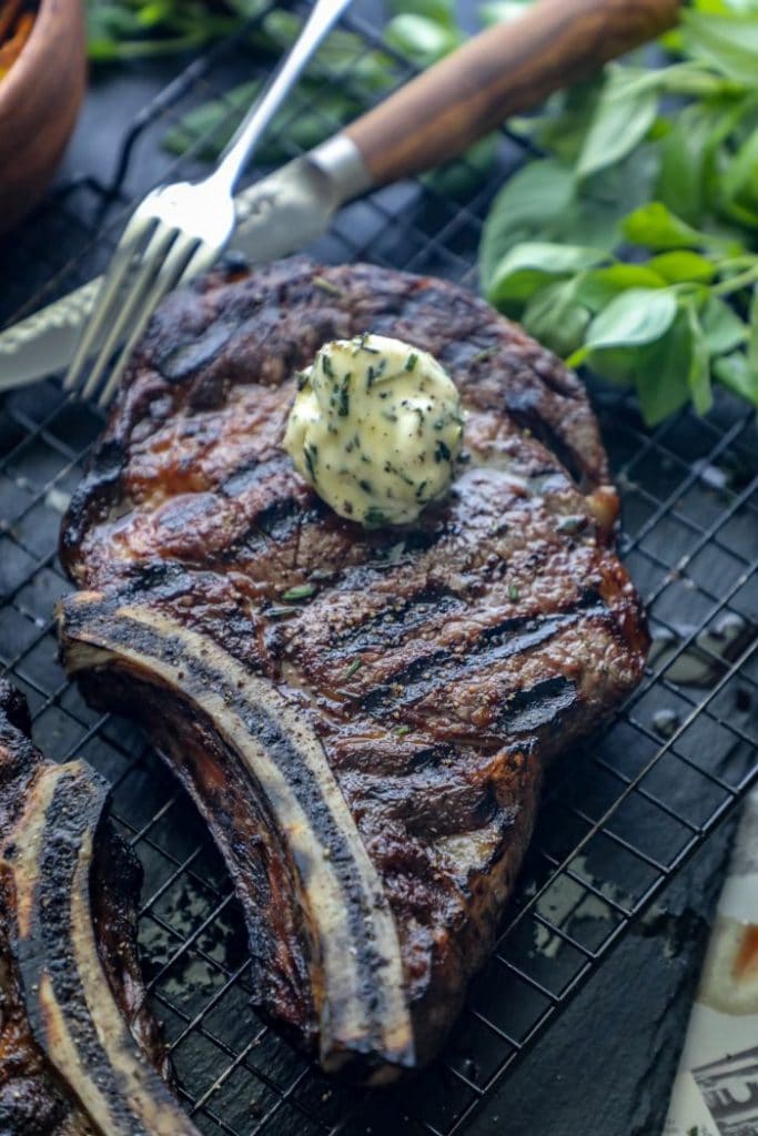 A large ribeye for steak frites with horseradish compound butter