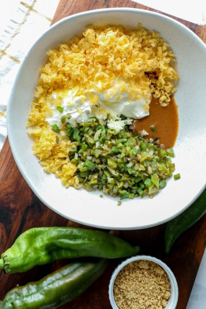 Smoked Hatch Chili Pepper Dip ingredients all in a mixing bowl.