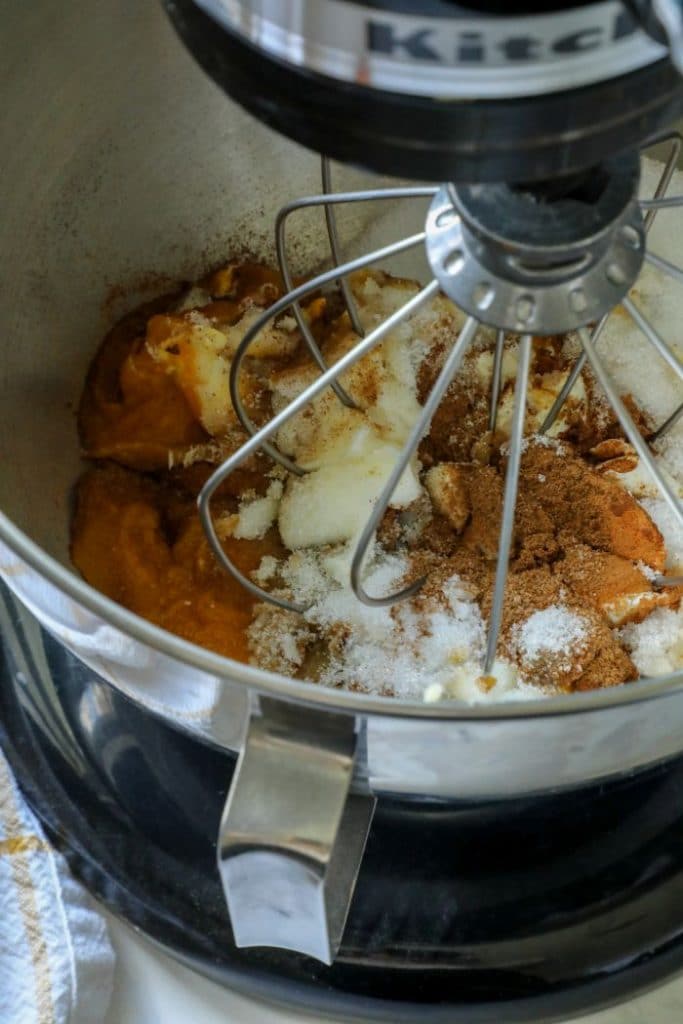 Keto Pumpkin Muffin wet ingredients in a mixer.