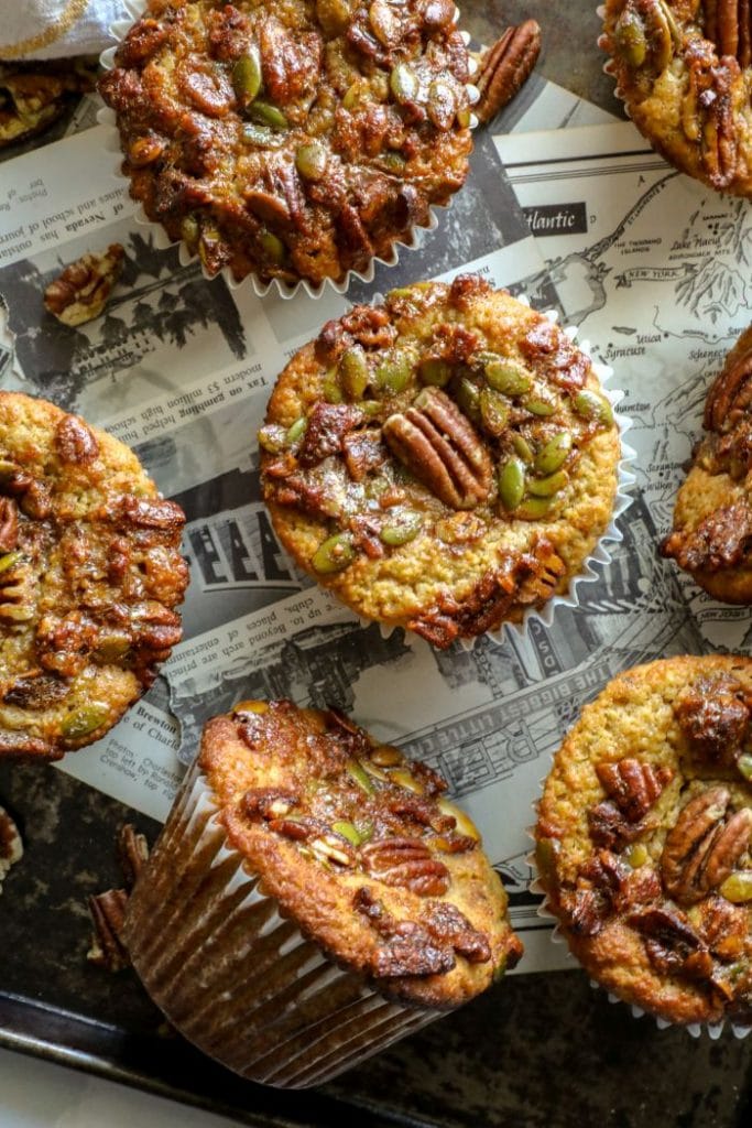 Keto pumpkin muffins on a tray.