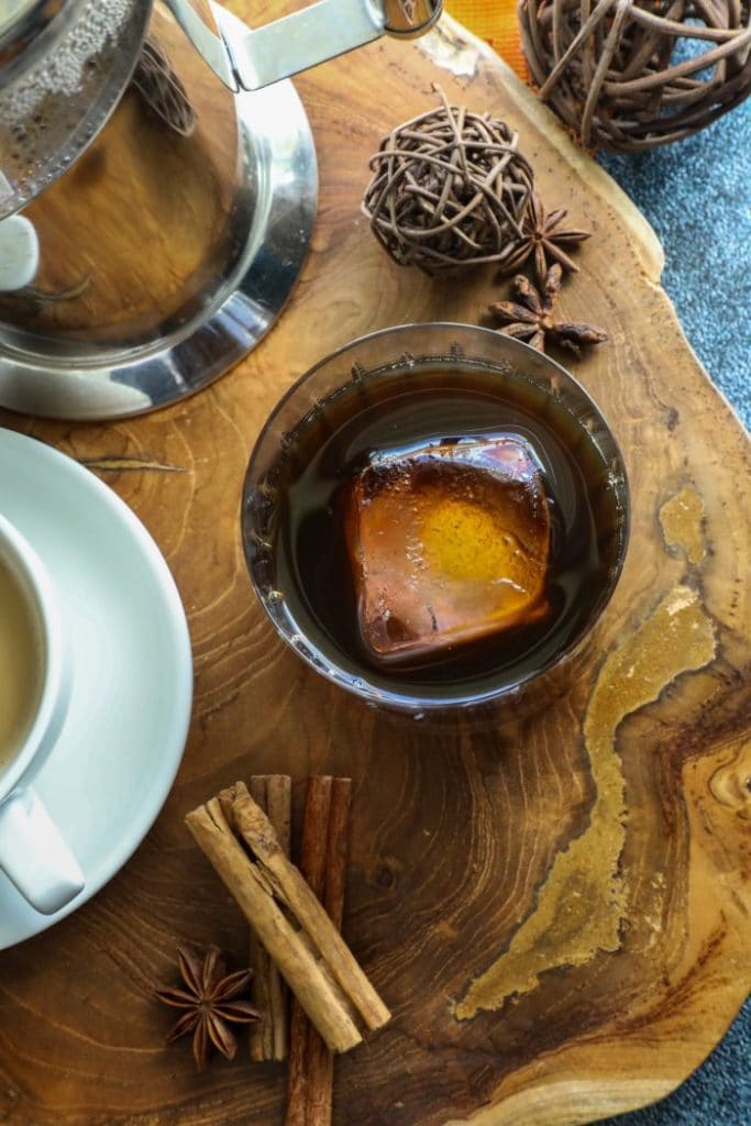 The homemade keto pumpkin spiced syrup in cold brew coffee.