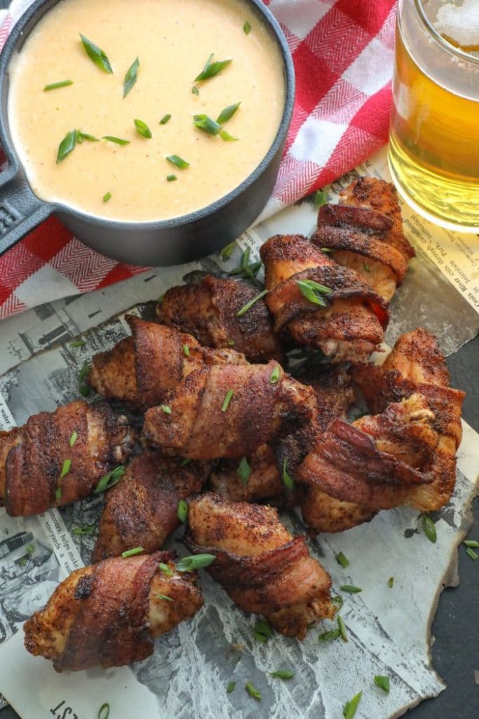 Bacon Wrapped Chicken Wings with Beer Cheese Sauce