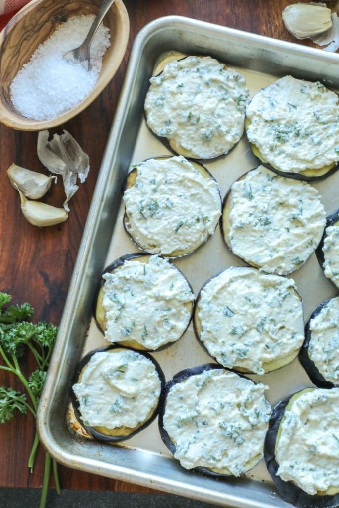 Ricotta stuffed eggplant rounds. 