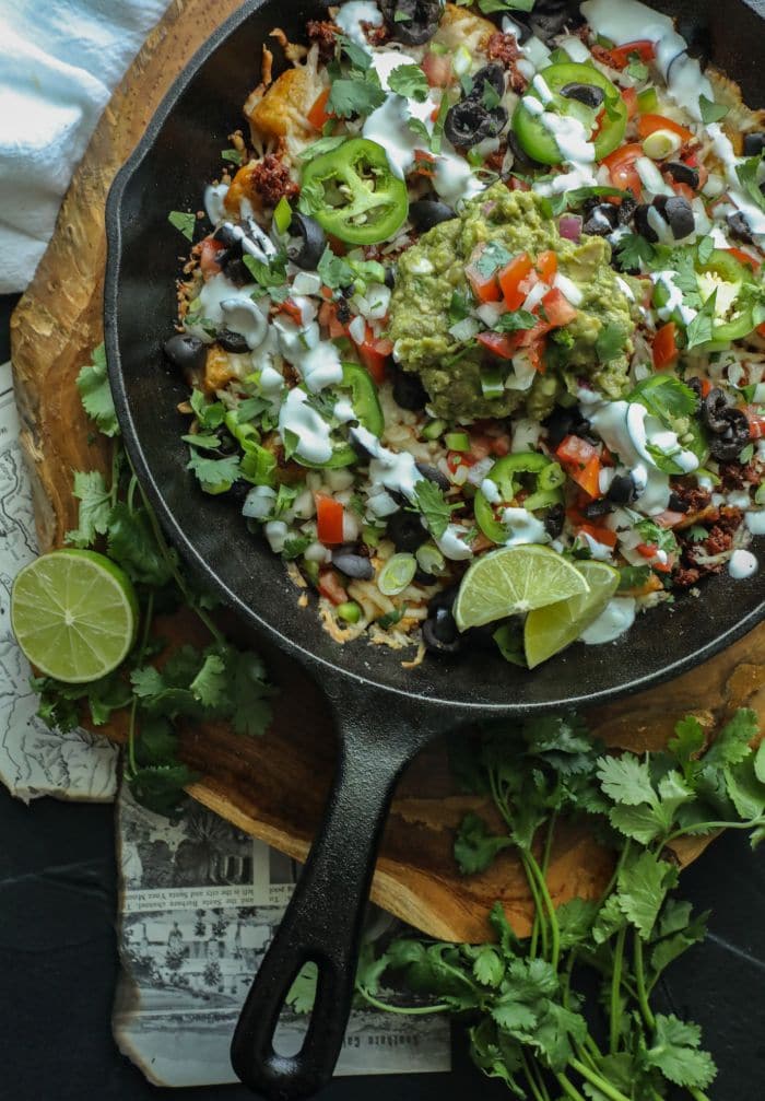 Easy Cauliflower Gnocchi Nachos in a cast iron skillet