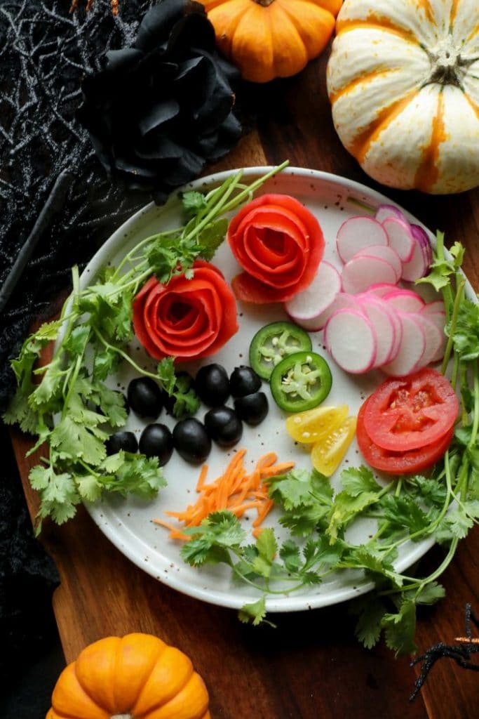 Halloween Pizza Skull toppings on a plate.