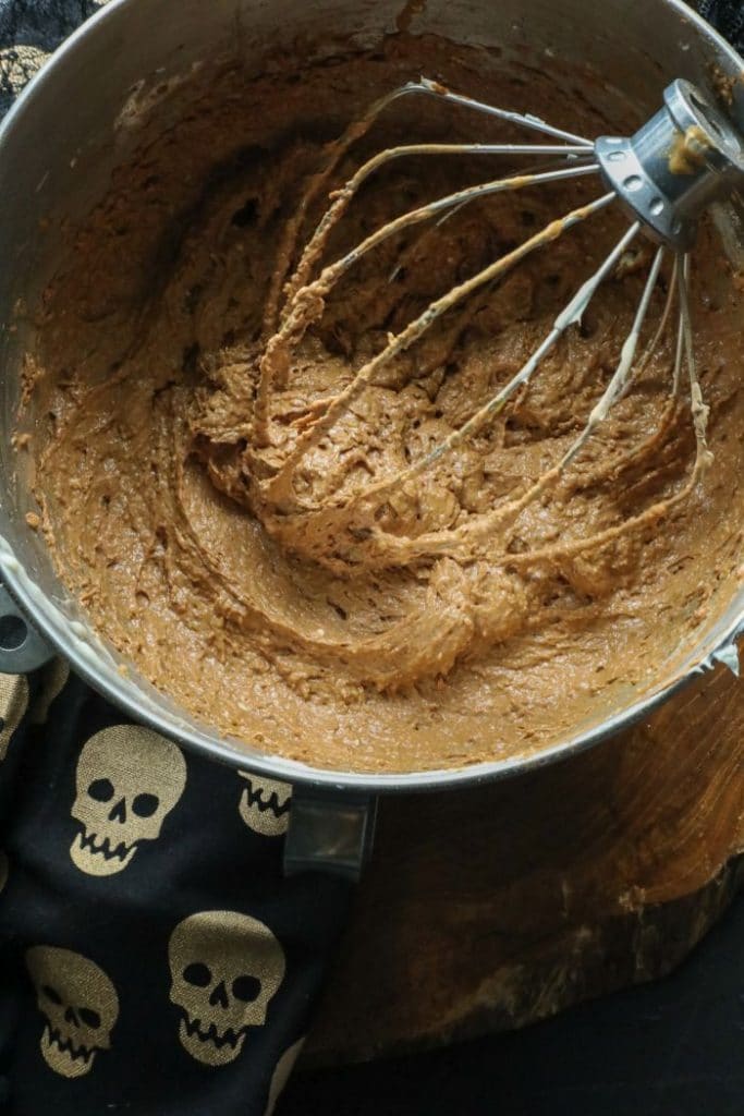 Mixing bowl with batter for the Sliced Keto Chocolate Pumpkin Butter Brownies 