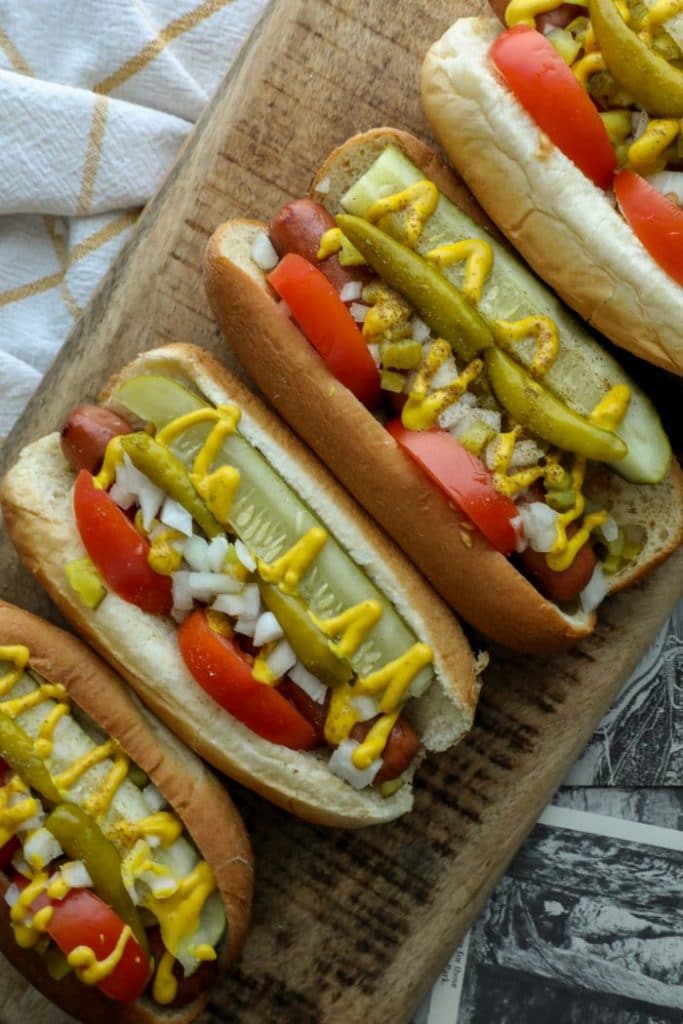 Four Chicago hot dogs made keto style on a cutting board