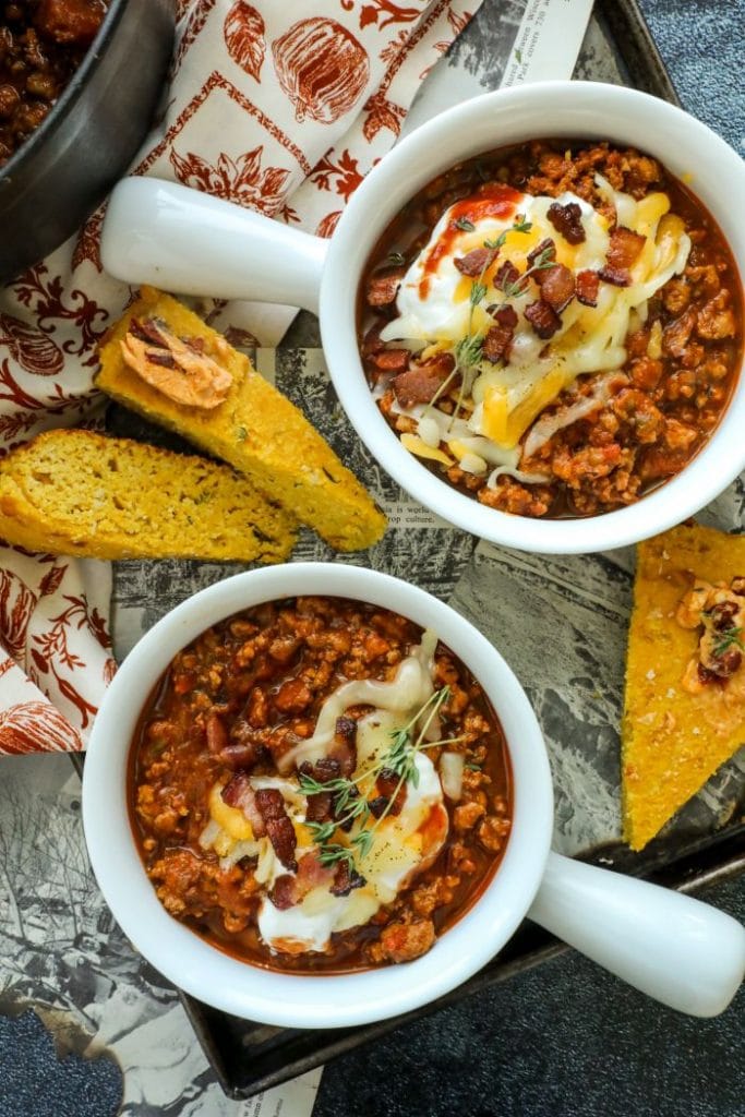 Two bowls of Low Carb Chipotle Pumpkin Turkey Chili