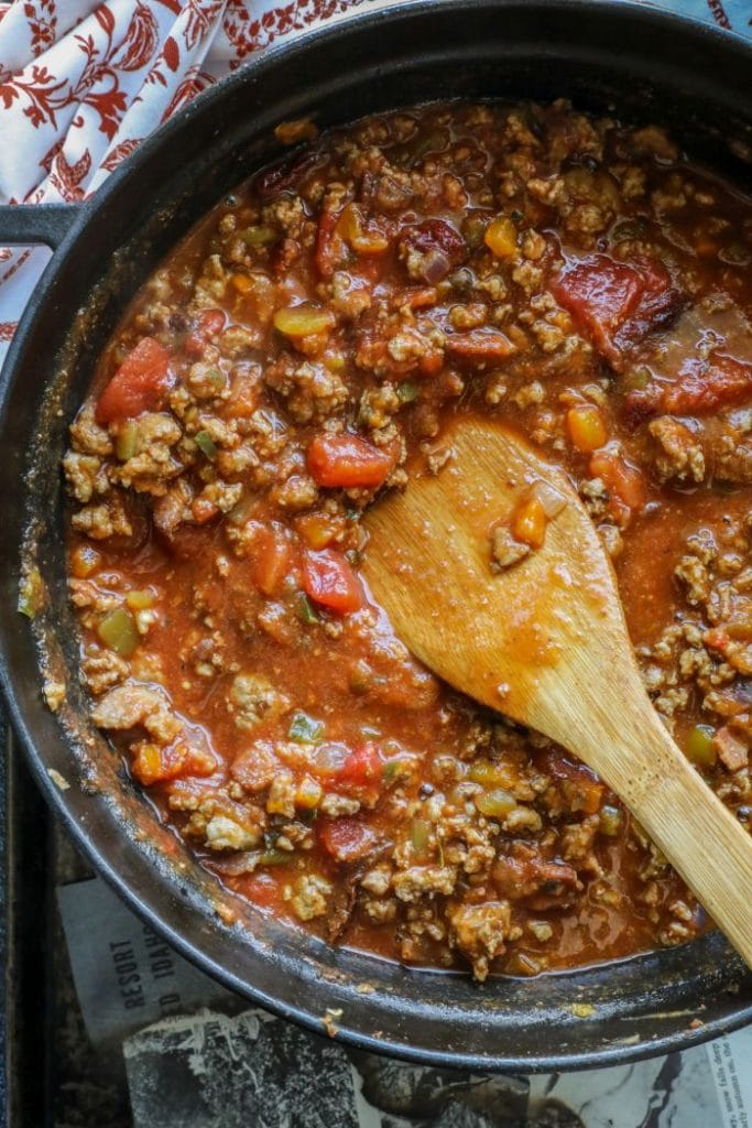 Low Carb Chipotle Pumpkin Turkey Chili in a pot