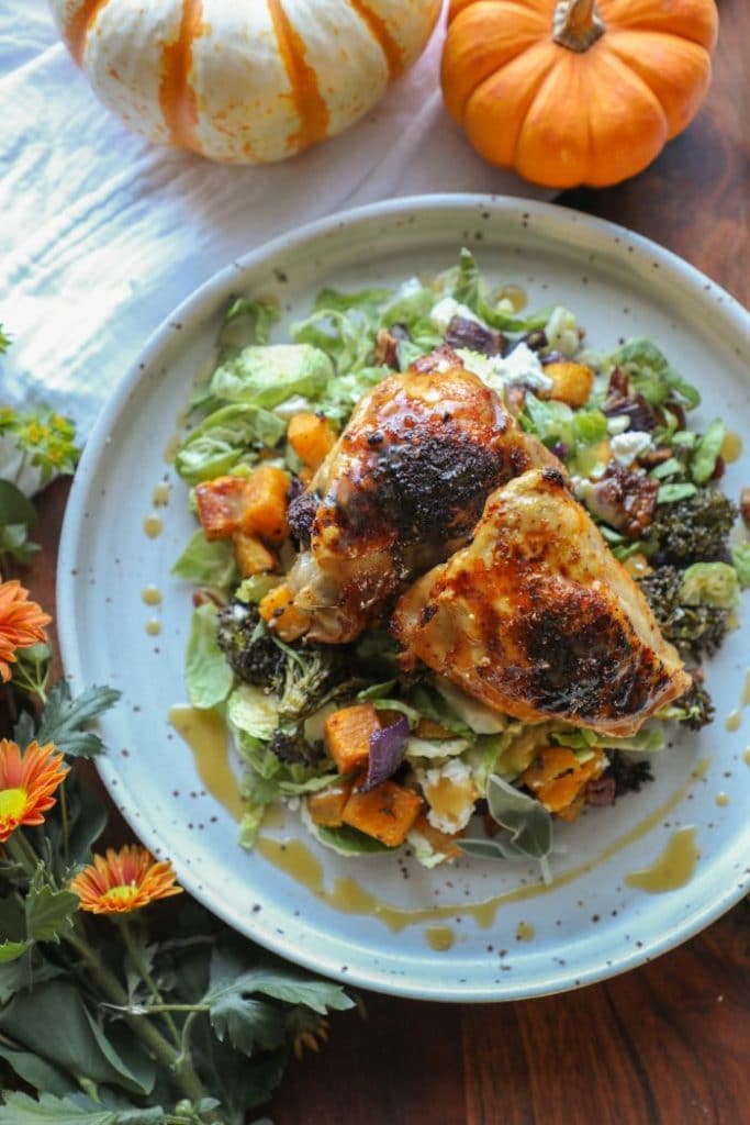 Roasted-fall-veggie-salad-with-maple-pecan-chicken-thighs