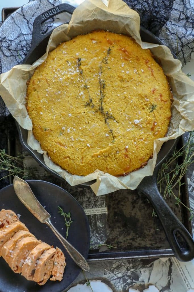 Savory Keto Pumpkin Cornbread Recipe in a cast iron skillet