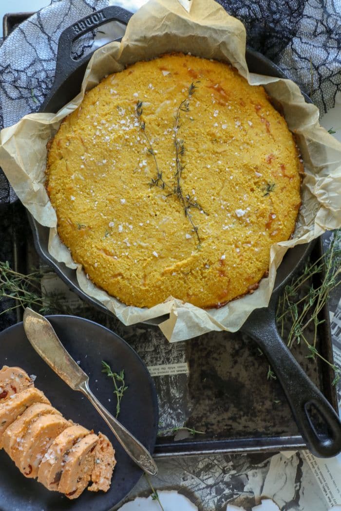 Savory Keto Pumpkin Cornbread Recipe in a cast iron skillet