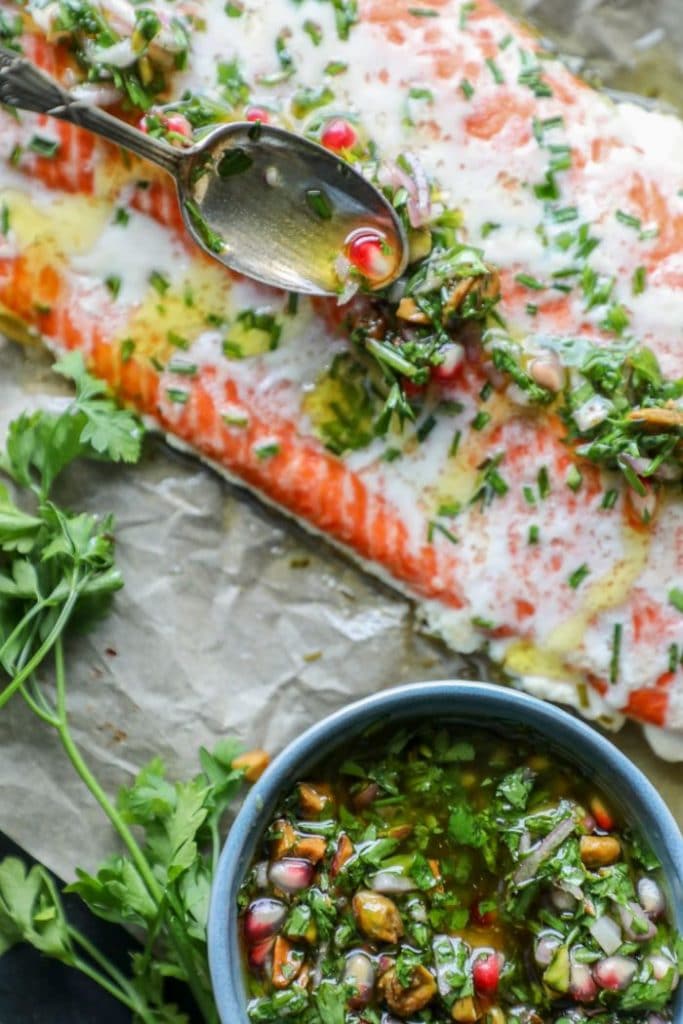 Close up of the cooked butter basted slow roasted salmon filet 