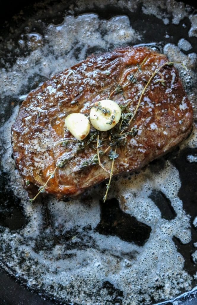 Cast Iron Seared Steak indoors reverse seared
