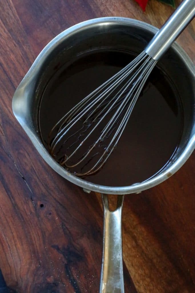 Melted butter, cocoa, and sweetener in a pot.