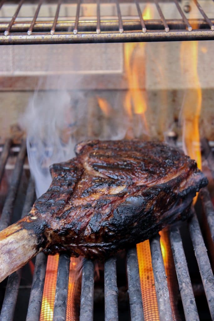 Tomahawk steak seared on the grill
