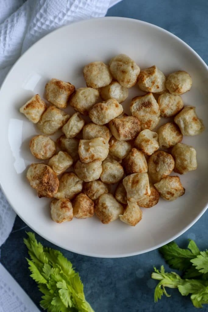Crispy cooked cauliflower gnocchi in a bowl from Trader Joe's 