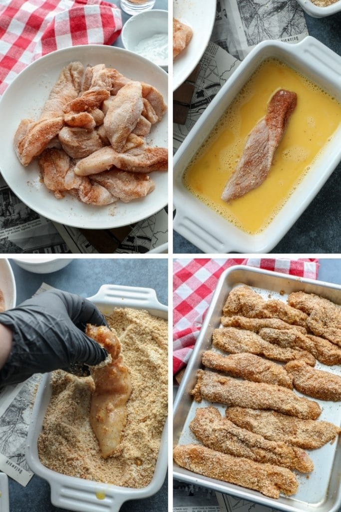 the process of dredging almond flour breading onto chicken strips.