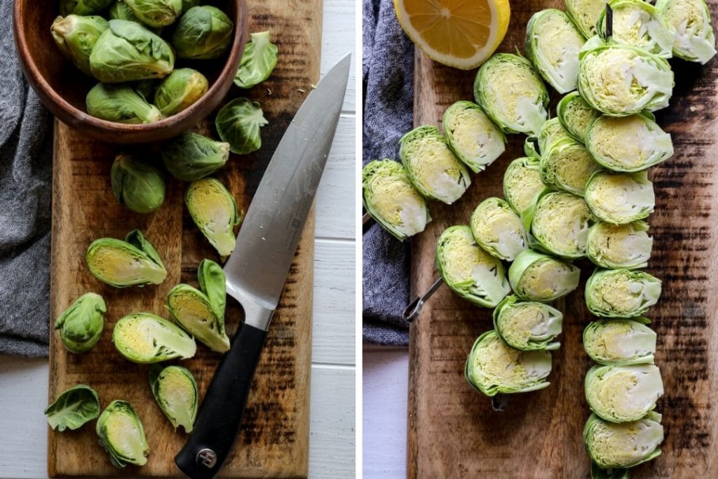 Brussels sprouts halved, then placed on metal skewers. 