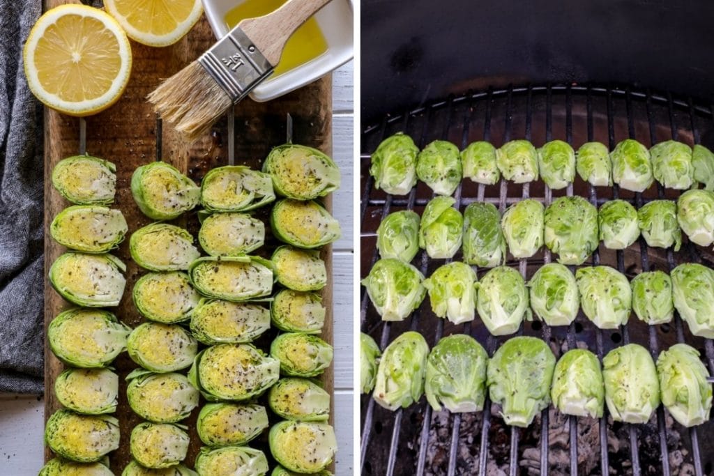Brussels sprouts on skewers being seasoned, then grilled on a big green egg.
