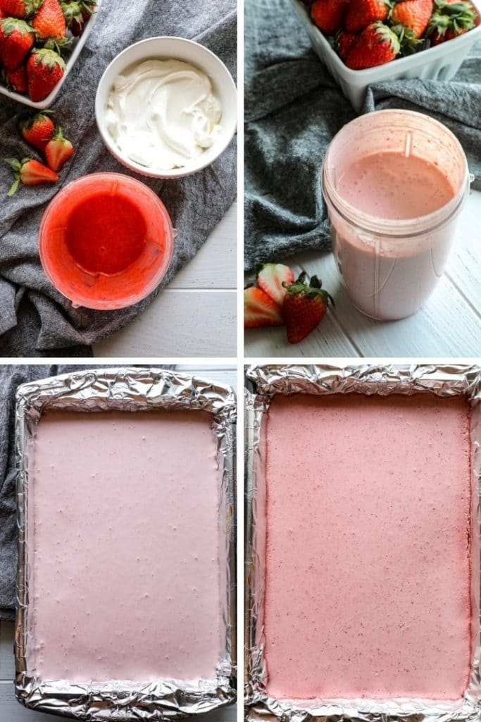 Strawberry puree, puree and sour cream together, unbaked strawberry layer, baked strawberry layer. 