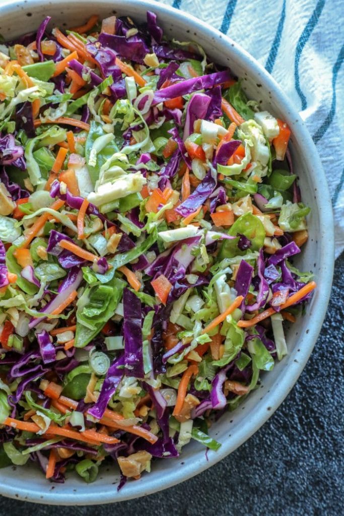 Spicy brussel sprout cabbage slaw mix for fish tacos.