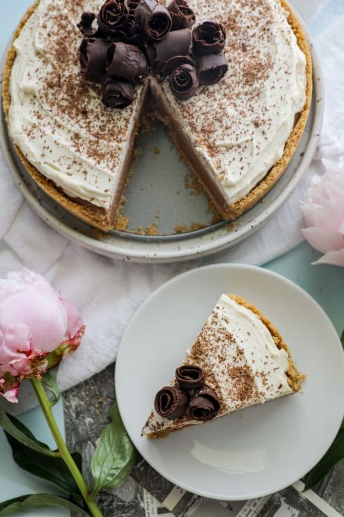 Easy Keto French Silk Pie sliced and on a plate. 