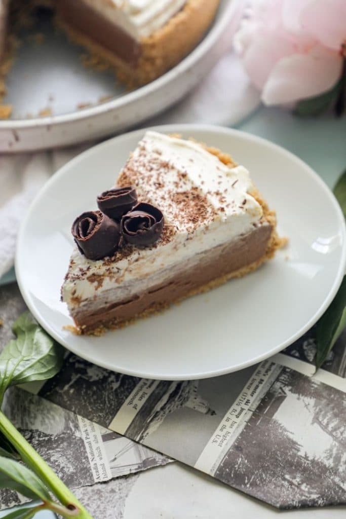 A slice of Easy Keto French Silk Pie on a plate.