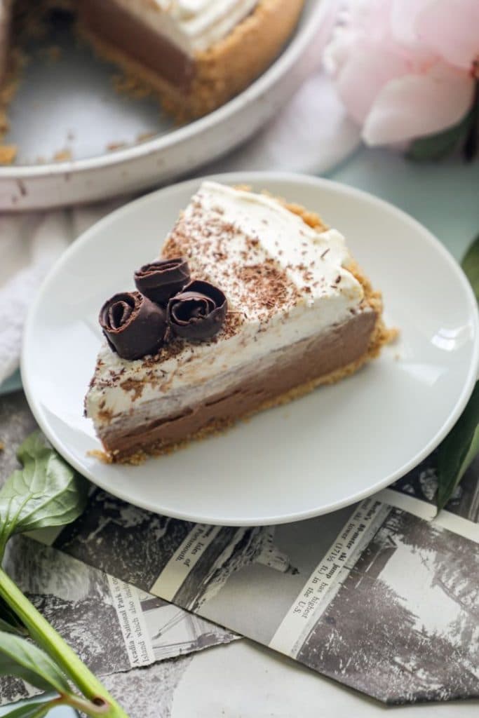 A slice of Easy Keto French Silk Pie on a plate. 